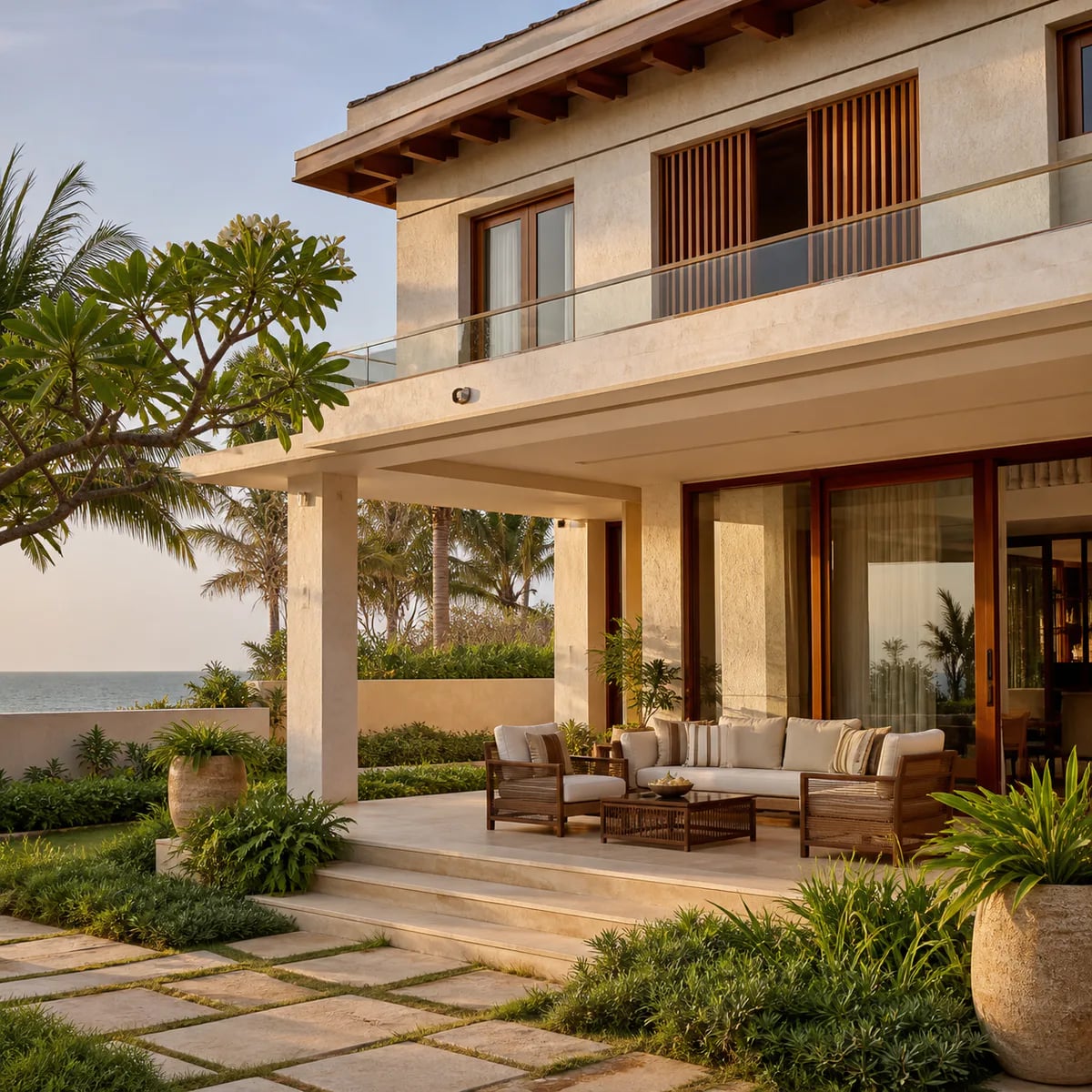 Premium Puri beach house with teak details, landscaped veranda and a Bay of Bengal view