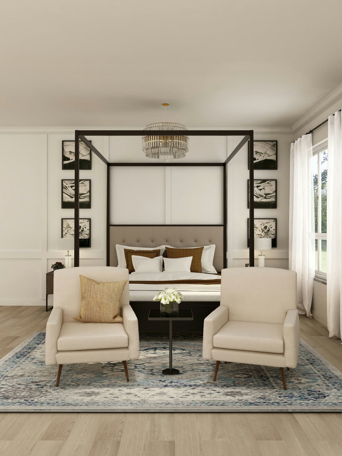 Renovated bedroom with traditional motifs and contemporary comfort