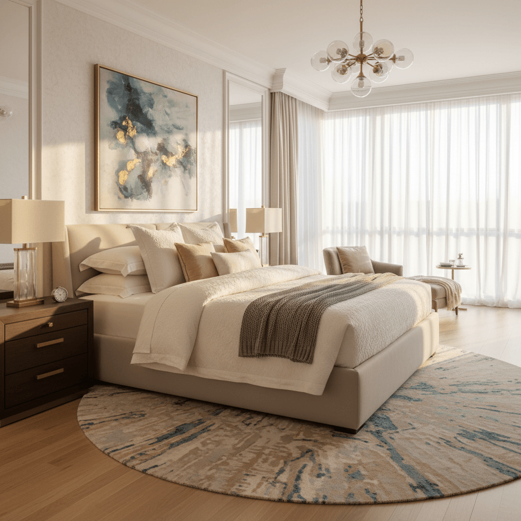 Luxurious master bedroom with floor to ceiling drapes and plush furnishings