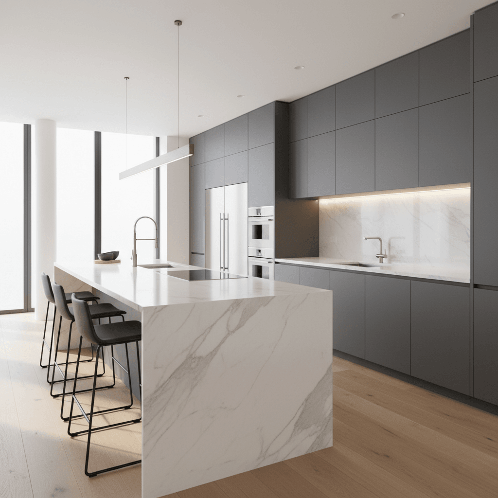 Sleek kitchen design with white cabinets and marble countertops in Bhubaneswar villa