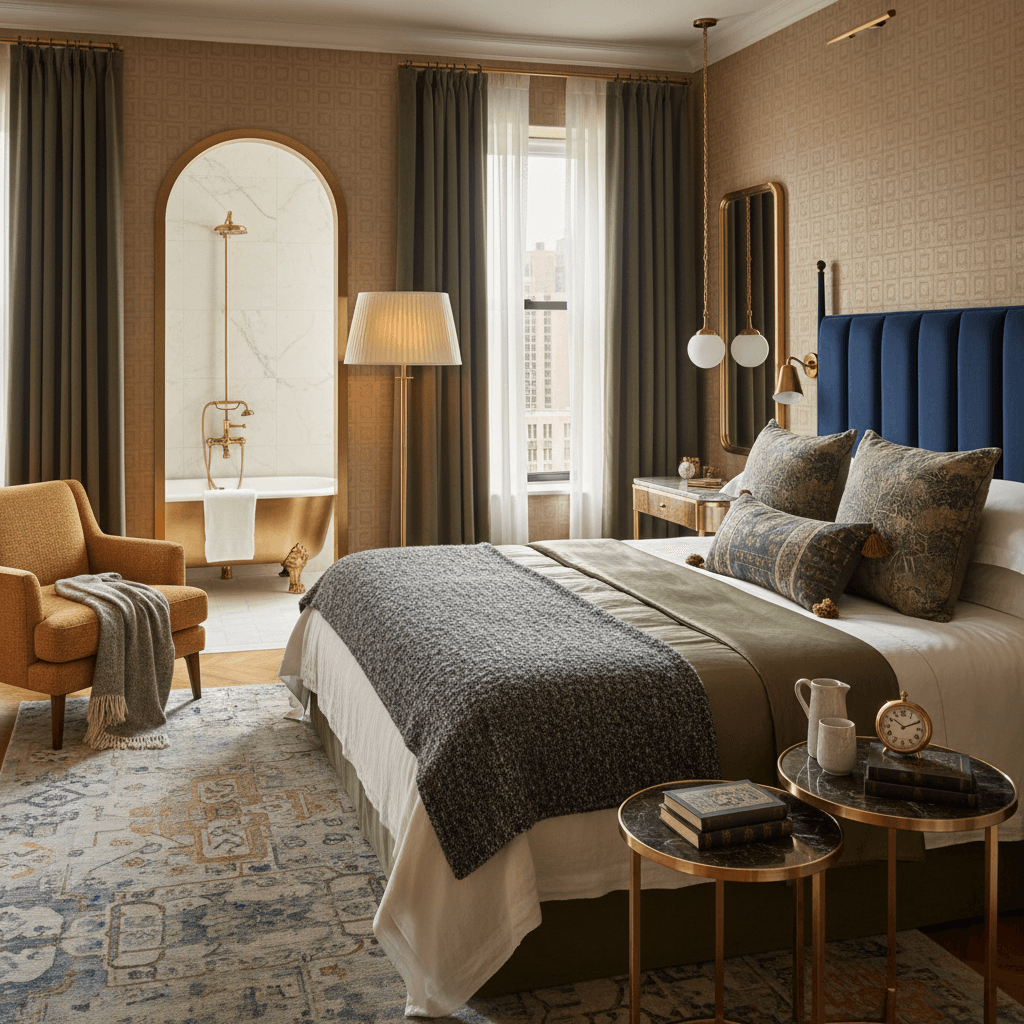 Renovated bedroom with vintage brass fixtures and handwoven textiles